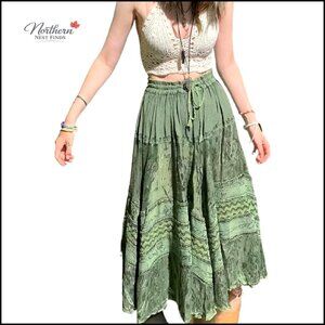 Polyester Midi Skirt with Elastic Waistband Floral Print Vintage Style